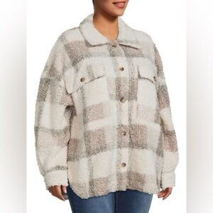 Perch Teddy Plaid Shirt Jacket Shacket Grey White Plus 1X‎